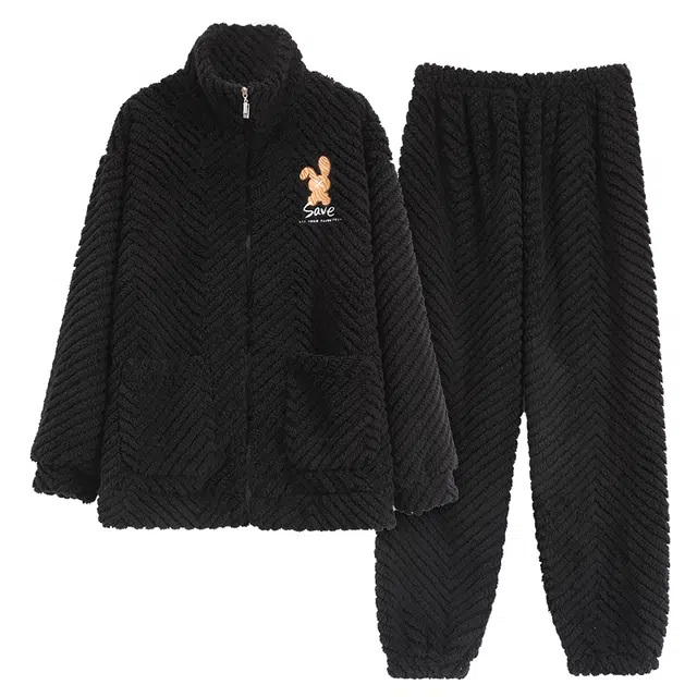 睦隆世家 睡衣男冬季长袖珊瑚绒加绒加厚拉链男生秋冬款可外穿家居服套装 男款 黑色