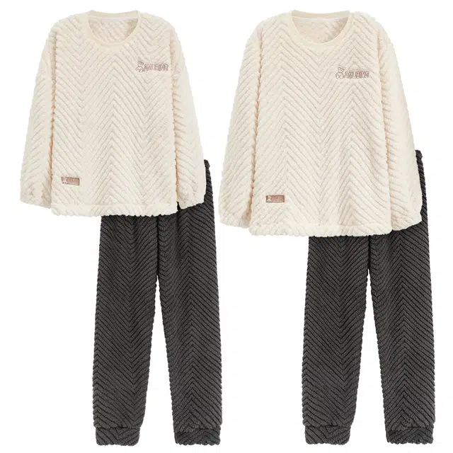 睦隆世家 睡衣女珊瑚绒加绒加厚秋冬季情侣休闲可外穿男青家居服套装  男女款  白色