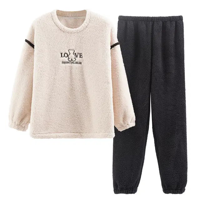 睦隆世家 睡衣女冬季珊瑚绒加厚加绒家居服舒适卡通可爱保暖圆领套装可外穿  女款  杏色