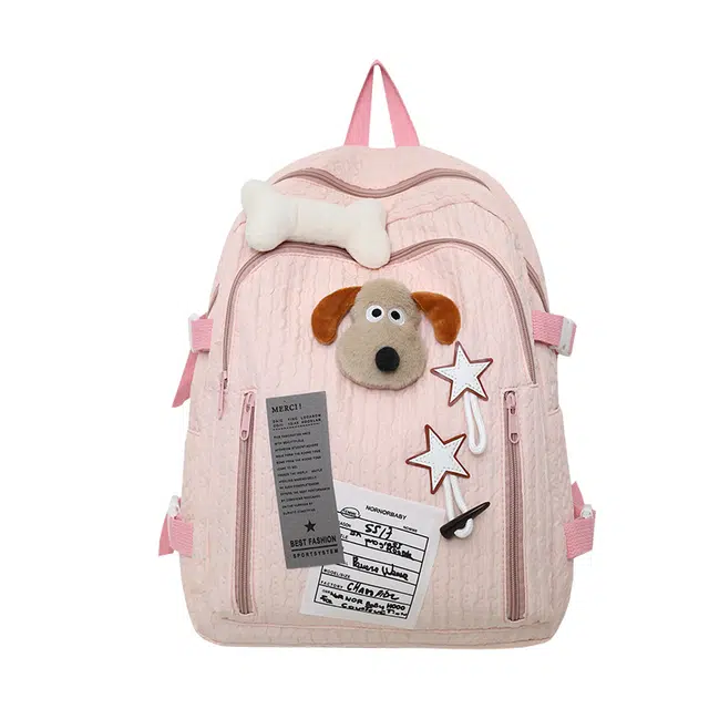 德力熊 百搭褶皱可爱狗狗双色日系甜妹大容量 尼龙 书包背包双肩 常规 女款 粉/黄