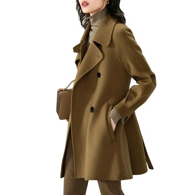 晚白 翻领通勤纯色中长款双排扣大衣 女款 卡其色