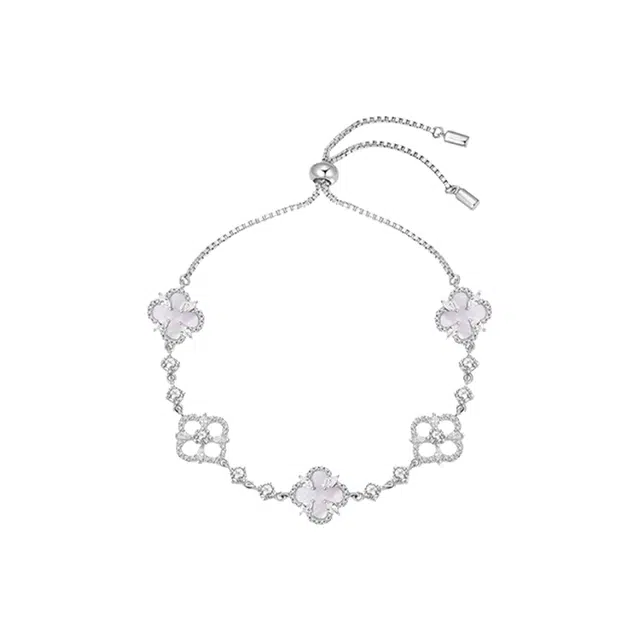 华髻 小幸运四叶草花朵镂空四瓣花朵可调节五花气质个性优雅复古精致宫廷风小众高级感精致礼盒装 白贝母 手链 女款