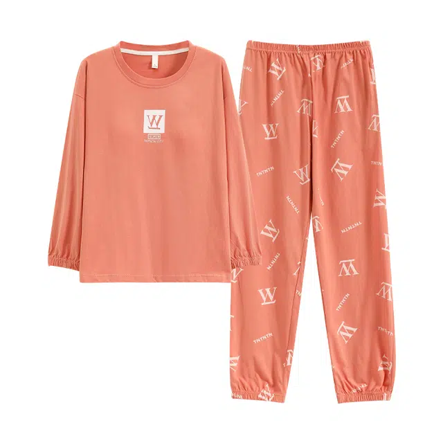 花季的故事 带胸垫女士纯棉睡衣春秋季长袖长裤家居服套装  女款  杏色