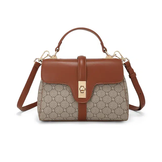 稻草人 复古老花通印撞色翻盖式开合防水耐磨 聚氯乙烯 手提单肩斜挎包 常规 女款 深棕色/卡其