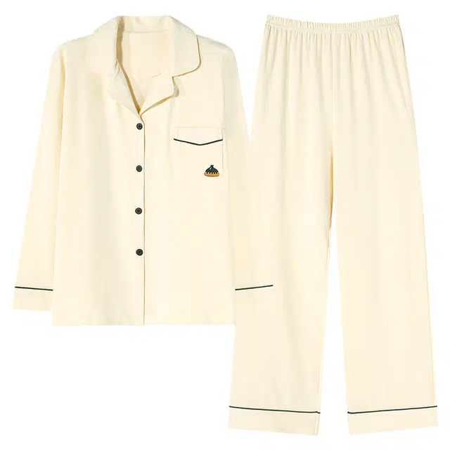 雅鹿 纯色简约翻领单排扣长袖长裤睡衣套装 女款 米白色