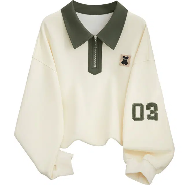 她池 宽松翻领撞色长袖卫衣 女款 米色拼绿领