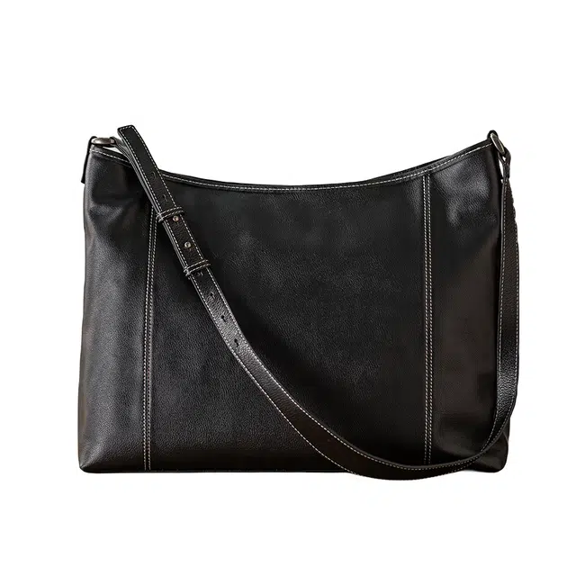 后步 小众不撞款设计时尚百搭休闲大容量通勤运动个性 头层牛皮真皮 单肩斜挎包 大号 男女同款情侣款 黑色