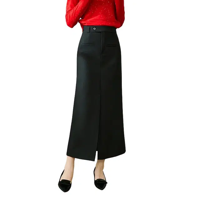 晚白 直筒高腰减龄半身休闲长裙 女款 黑色