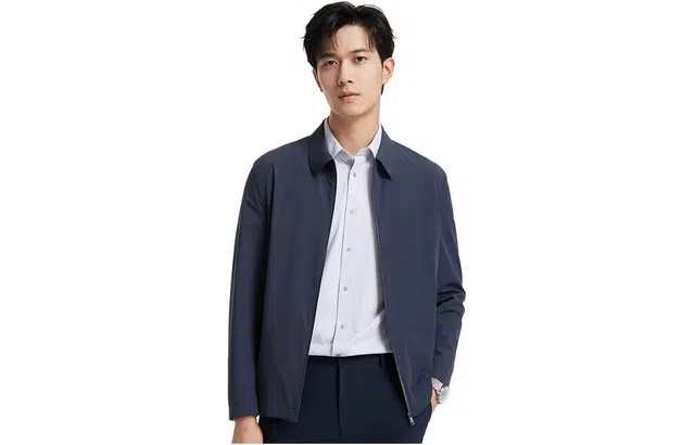 九牧王男裤专家 纯色简约翻领修身拉链长袖夹克外套 男款