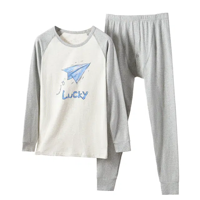 恒源祥 青少年秋衣秋裤男士纯棉内衣棉毛衫字母印花圆领套头长袖上衣松紧腰长裤打底保暖套装 男款