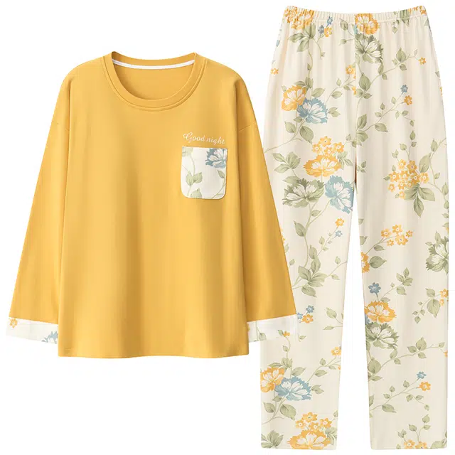 帕兰朵 休闲舒适透气圆领套头长袖长裤可外穿睡衣套装 女款 黄色