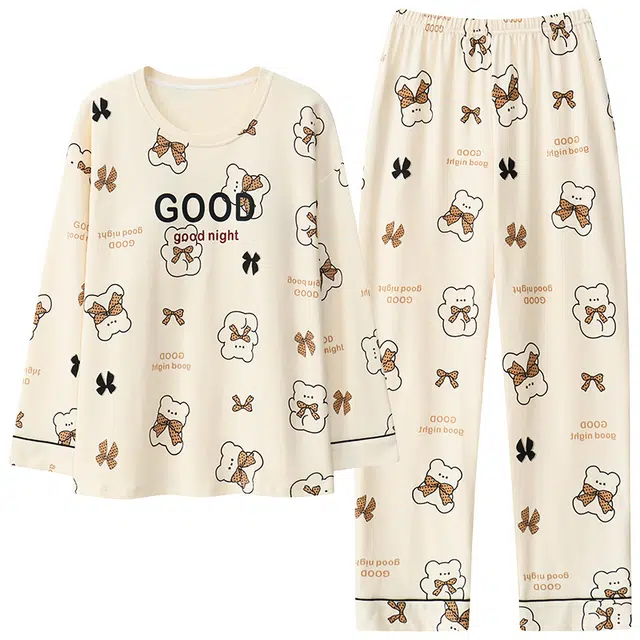 帕兰朵 字母印花圆领套头长袖上衣松紧腰直筒长裤睡衣套装 女款 米白色