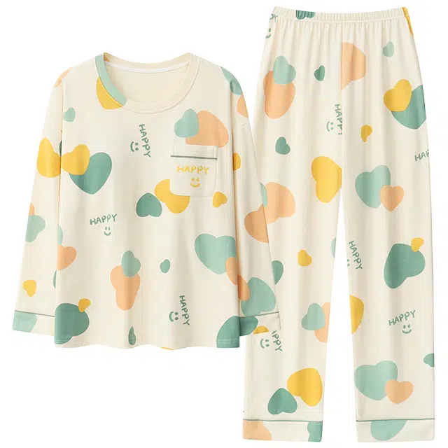 帕兰朵 字母爱心满印简约休闲舒适透气圆领套头长袖长裤睡衣套装 女款 杏色