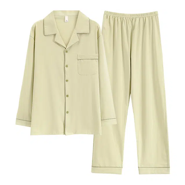 俏佳人 简约可外穿单排扣长袖上衣松紧腰直筒长裤睡衣套装 男款 浅绿色