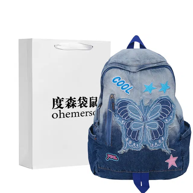 度森袋鼠 日系渐变扎染蓝蝴蝶大容量 牛仔布 双肩包 常规 男女同款情侣款 蓝色