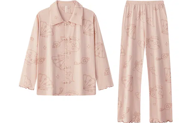 宫蝶 新中式系列 纯棉长袖国潮风家居服盘扣开衫可外穿睡衣套装 女款 粉色