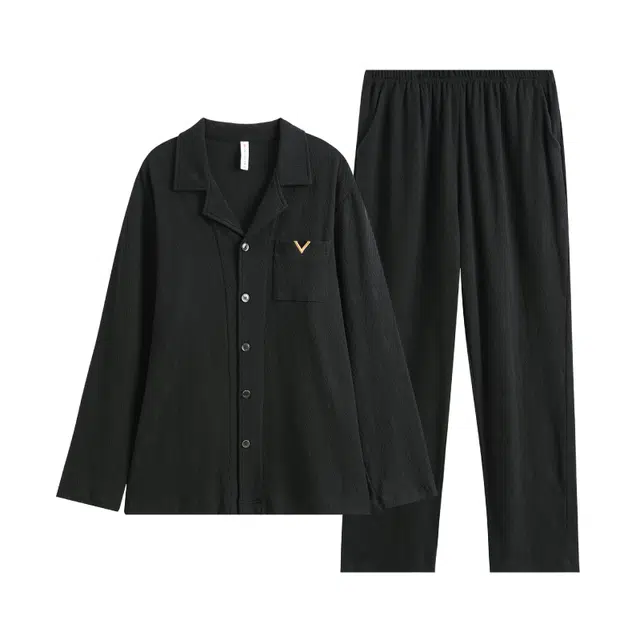 芬腾 纯色翻领长袖上衣松紧腰直筒长裤睡衣套装 男款 深烟灰