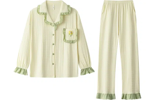 宫蝶 纯棉长袖田园风家居服简约开衫外穿睡衣套装 女款 杏色