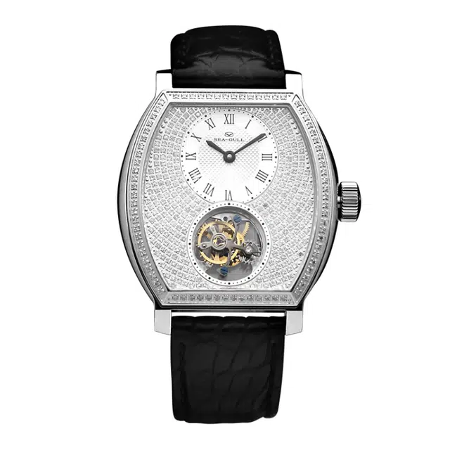 海鸥手表镶钻鳄鱼皮陀飞轮高档商务男士腕表 银色表盘 机械机芯 男表