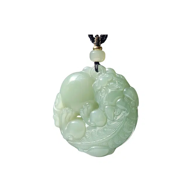 舒杰 招财进宝圆形双面貔貅项链 吊坠 挂件 和田玉 国风精雕 男女同款情侣款 青白玉