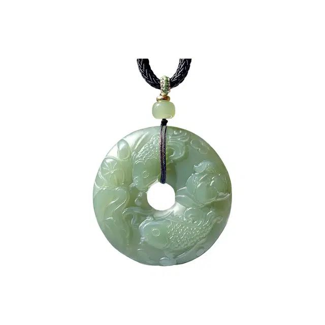 舒杰 中式国潮连年有余国风平安扣 吊坠 挂件 和田玉 项链 男女同款情侣款 青白玉