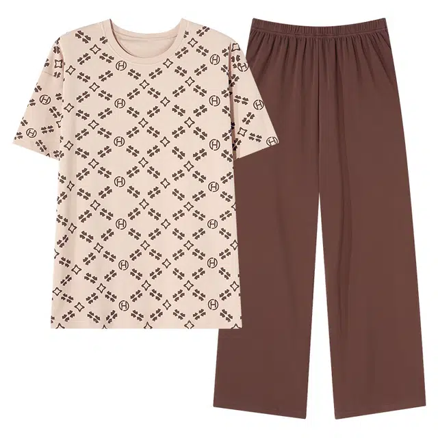 俏佳人 纯棉短袖圆领套头长裤家居休闲宽松可外穿睡衣套装 男款 杏色