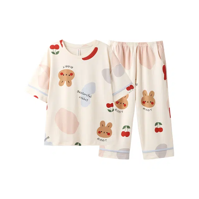 芬腾 卡通印花薄款圆领短袖上衣松紧腰七分裤睡衣套装 女款 米杏