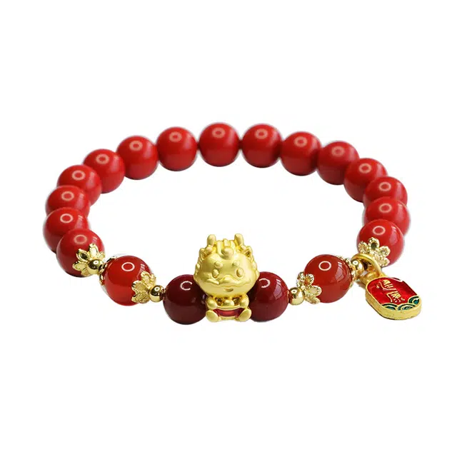 岁月静好 新中式国潮复古民族风红砂生肖龙手链本命年龙年 再造辰砂朱砂 玉石手串 男女同款情侣款