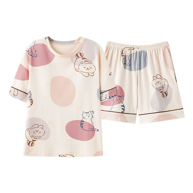 帕兰朵 圆领卡通短袖上衣中腰满印短裤睡衣套装 女款 白色