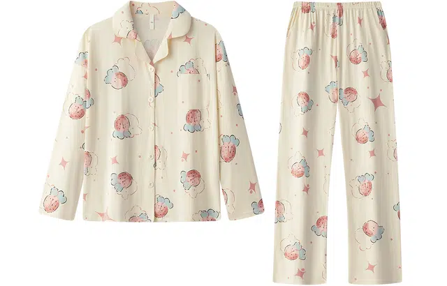 宫蝶 纯棉长袖草莓涂鸦满印家居服可外穿宽松睡衣套装 女款 杏色