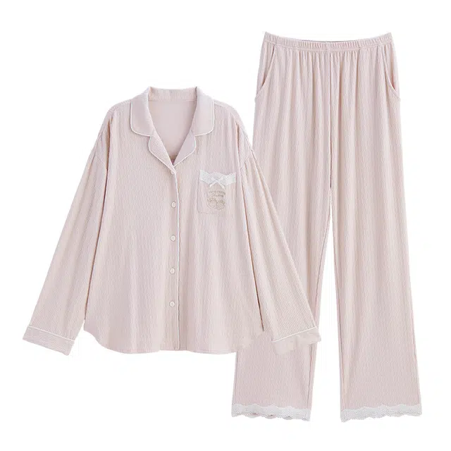 歌倩雅 简约单排扣休闲长袖上衣松紧腰直筒长裤睡衣套装 女款 粉色