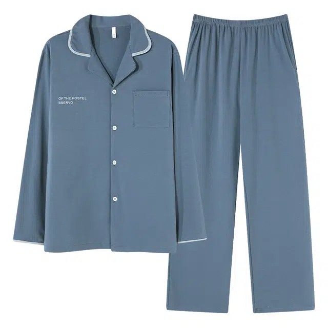 好福份 字母印花口袋长袖长裤纯棉睡衣套装 男款 蓝色
