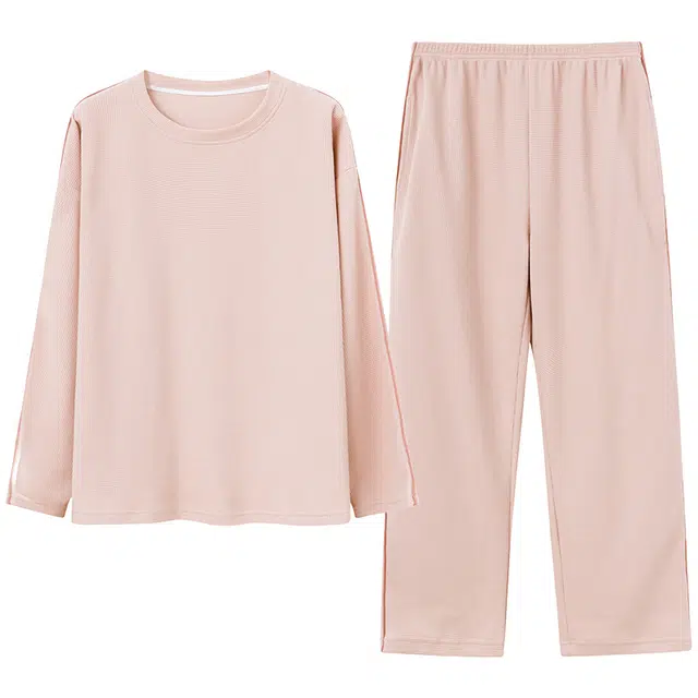 帕兰朵 纯色透气圆领上衣松紧直筒长裤睡衣套装 女款 粉色