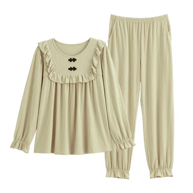 歌倩雅 圆领长袖上衣松紧腰长裤睡衣套装 女款 浅豆绿