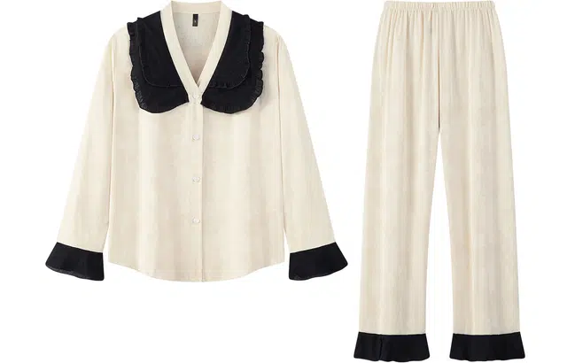 宫蝶 春秋冰丝长袖家居服简约纯色休闲可外穿睡衣套装 女款