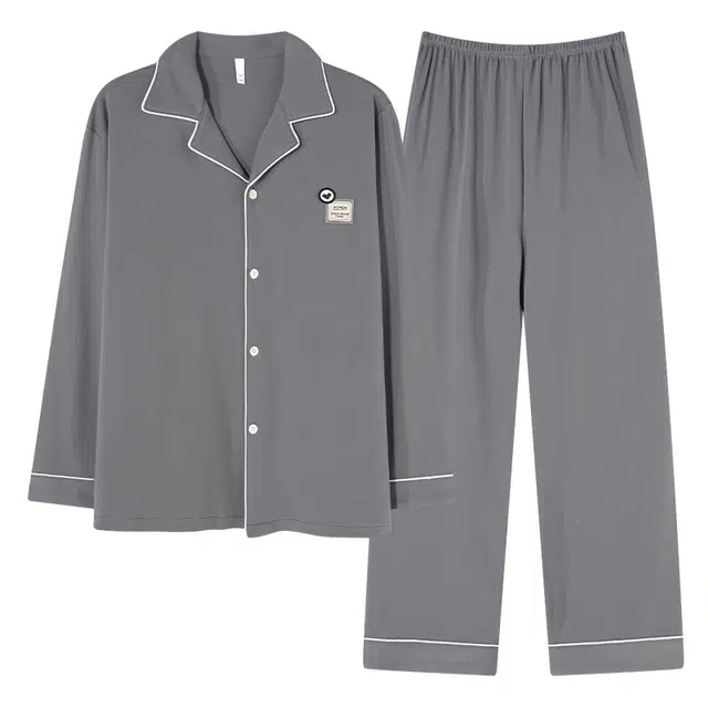 好福份 字母贴标翻领上衣撞色裤子睡衣套装 男款 灰色