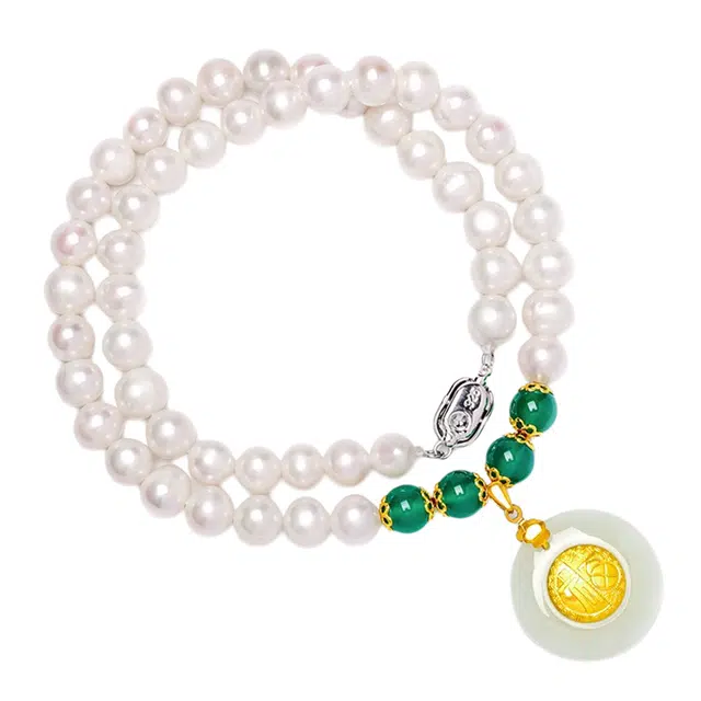 贝诗 圆福金镶玉平安扣淡水珍珠福气满满轻奢福牌招财纳福淡水珍珠项链女款妈妈款