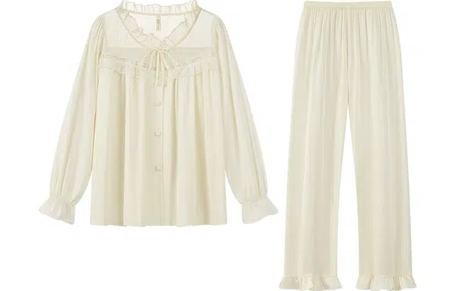 宫蝶 简约高级感长袖冰丝薄款家居服柔软睡衣套装 女款 杏色