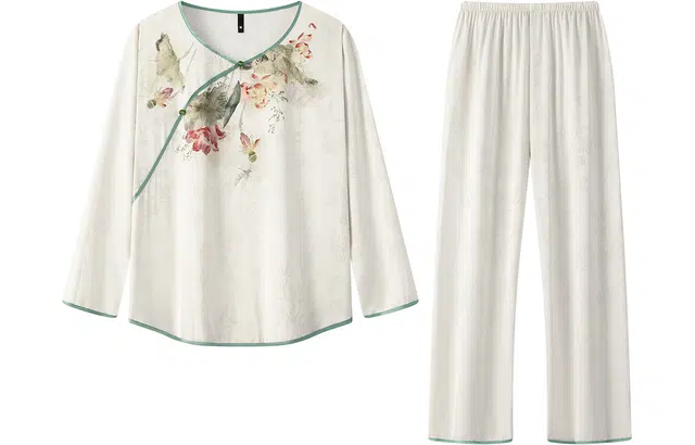 宫蝶 新中式系列 柔软冰丝家居长袖薄款休闲国风睡衣套装 女款 浅杏色