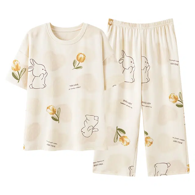帕兰朵 撞色花卉提花短袖上衣中腰裤子睡衣套装 女款