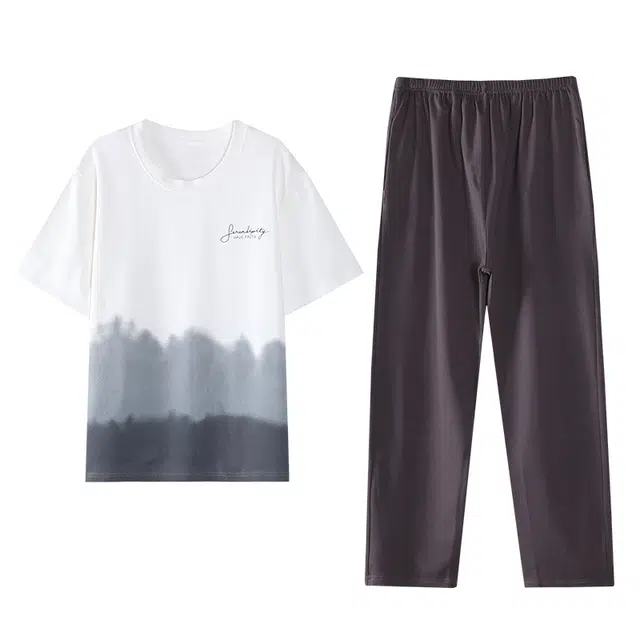 歌倩雅 撞色字母印花圆领上衣纯色透气裤子睡衣套装 男款 白色