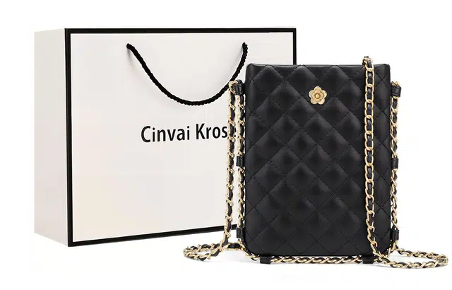 辛瓦伊·克洛斯 高级感轻巧百搭小香风通勤 牛皮拼合成革 手机包斜挎包单肩包 迷你 女款 菱格黑/菱格白