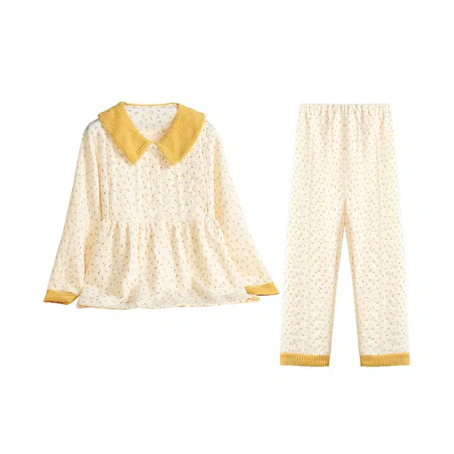 水中花 简约翻领套头长袖上衣松紧腰长裤睡衣套装 女款 黄色