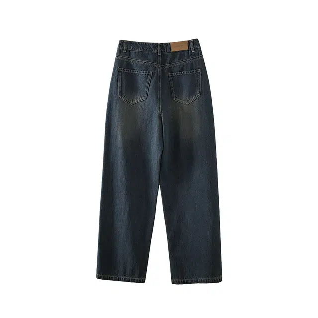 娅丽达 纯色阔腿自然腰拉链休闲牛仔裤 女款 蓝色