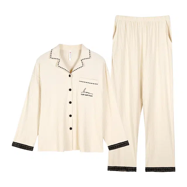 歌倩雅 时尚长袖翻领上衣纯色长裤睡衣套装 女款 米色