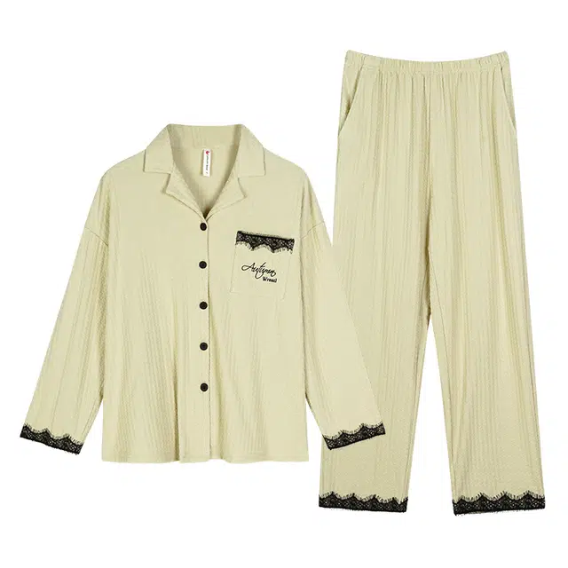 歌倩雅 纯色翻领单排扣上衣松紧腰长裤睡衣套装 女款 浅绿