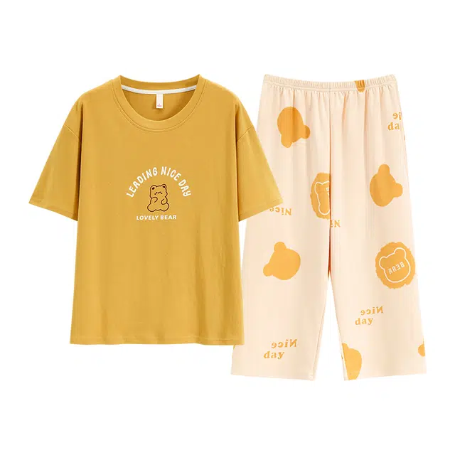 睦隆世家 短袖甜美女学生七分裤可外穿俏皮睡衣套装家居服 女款 黄色