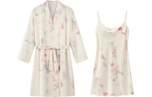 宫蝶 法式性感纯欲风冰丝睡裙长袖晨袍吊带两件套睡衣套装 女款 杏色