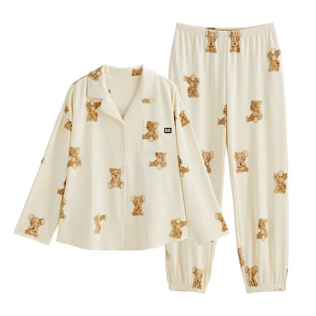 歌倩雅 卡通小熊满印长袖长裤可外穿睡衣套装 女款 杏色