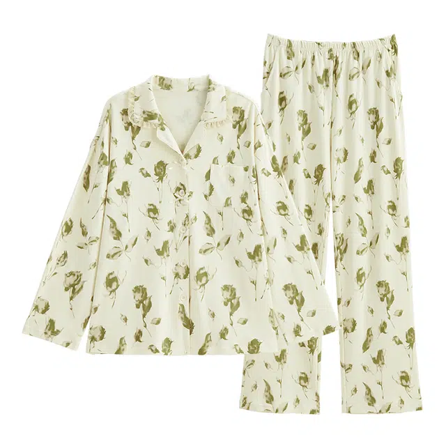 歌倩雅 翻领时尚休闲高级感长袖上衣长裤睡衣套装 女款 浅杏